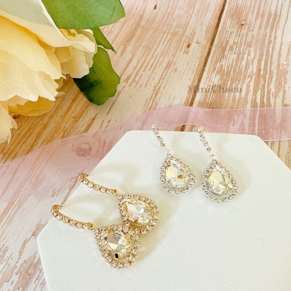 Silver Tone Rhinestones Half Hoop Water-Drop Earrings - Picture 3 of 6